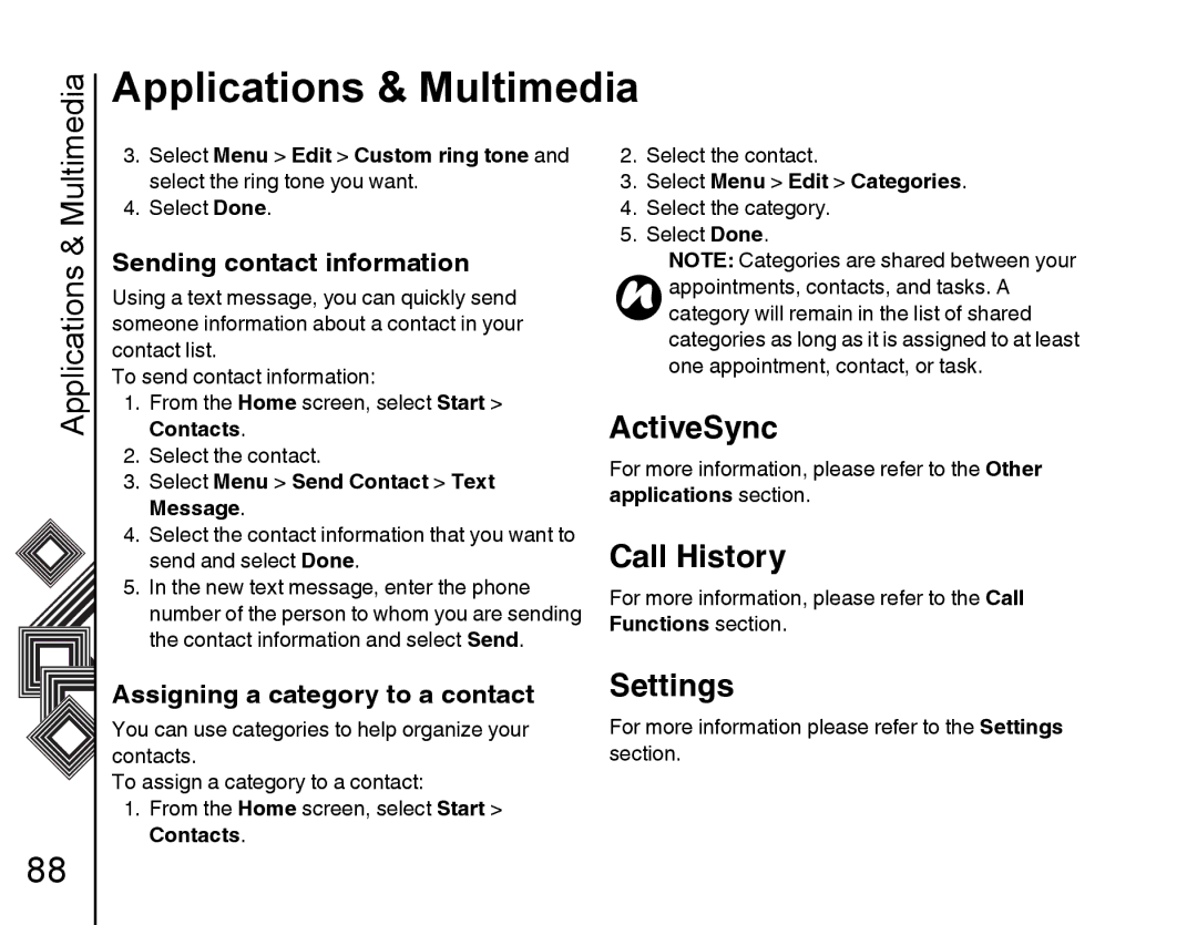 Toshiba G500 manual ActiveSync, Settings, Sending contact information, Assigning a category to a contact 