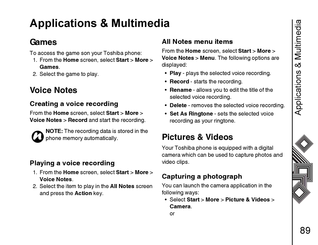 Toshiba G500 manual Games, Voice Notes, Pictures & Videos 