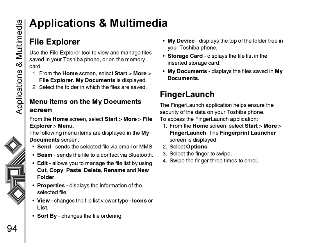 Toshiba G500 manual File Explorer, FingerLaunch, Screen, Menu items on the My Documents 
