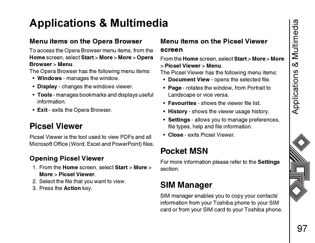 Toshiba G500 manual SIM Manager, Opening Picsel Viewer, Browser Menu Picsel Viewer Menu, More Picsel Viewer 