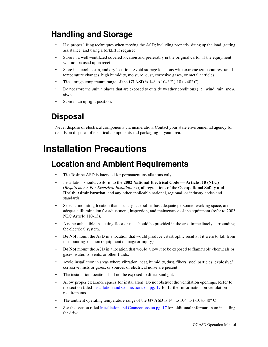 Toshiba G7 manual Installation Precautions, Handling and Storage, Disposal, Location and Ambient Requirements 