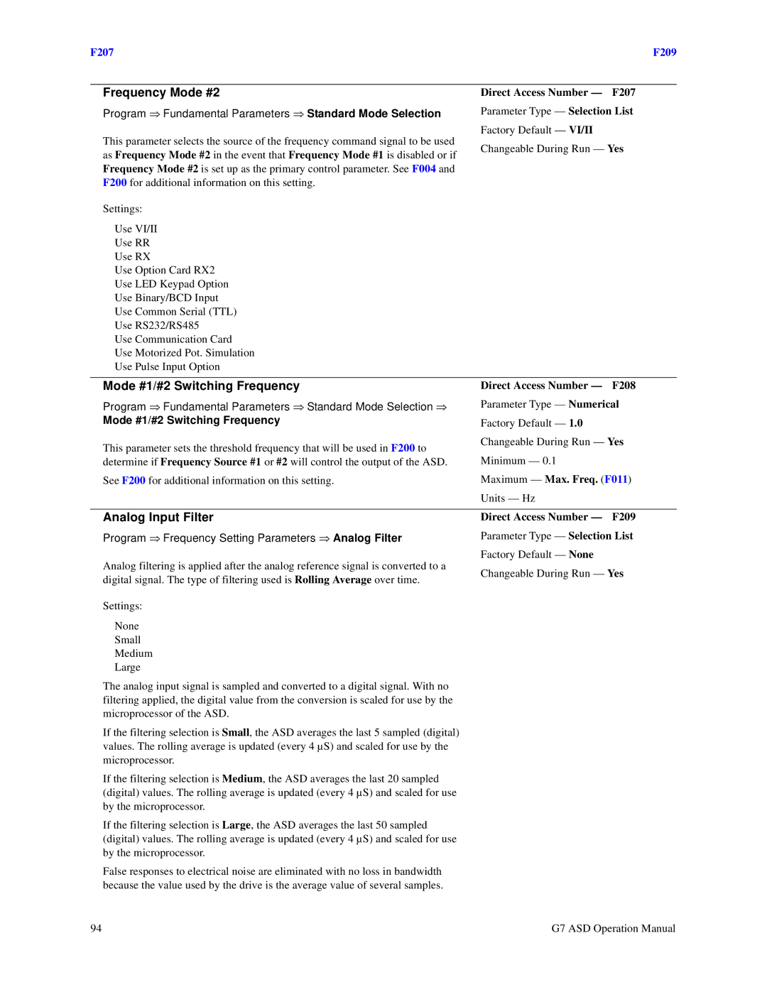 Toshiba G7 manual Frequency Mode #2, Mode #1/#2 Switching Frequency, Analog Input Filter 