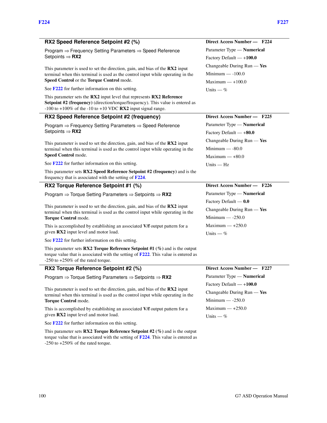 Toshiba G7 manual RX2 Speed Reference Setpoint #2 %, RX2 Speed Reference Setpoint #2 frequency, Direct Access Number F224 