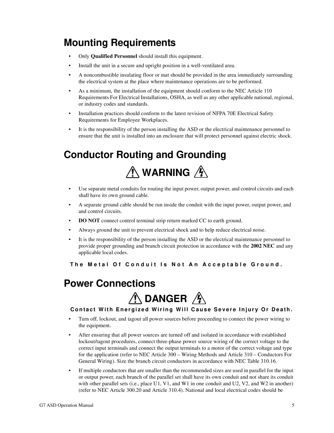 Toshiba G7 manual Mounting Requirements, Conductor Routing and Grounding, Power Connections 