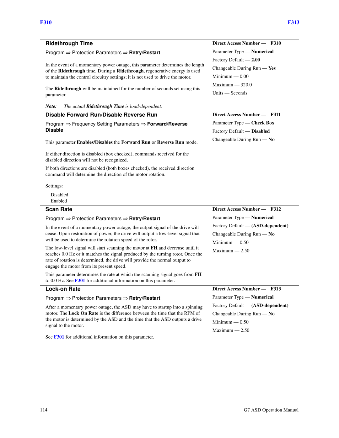 Toshiba G7 manual Ridethrough Time, Disable Forward Run/Disable Reverse Run, Scan Rate, Lock-on Rate 