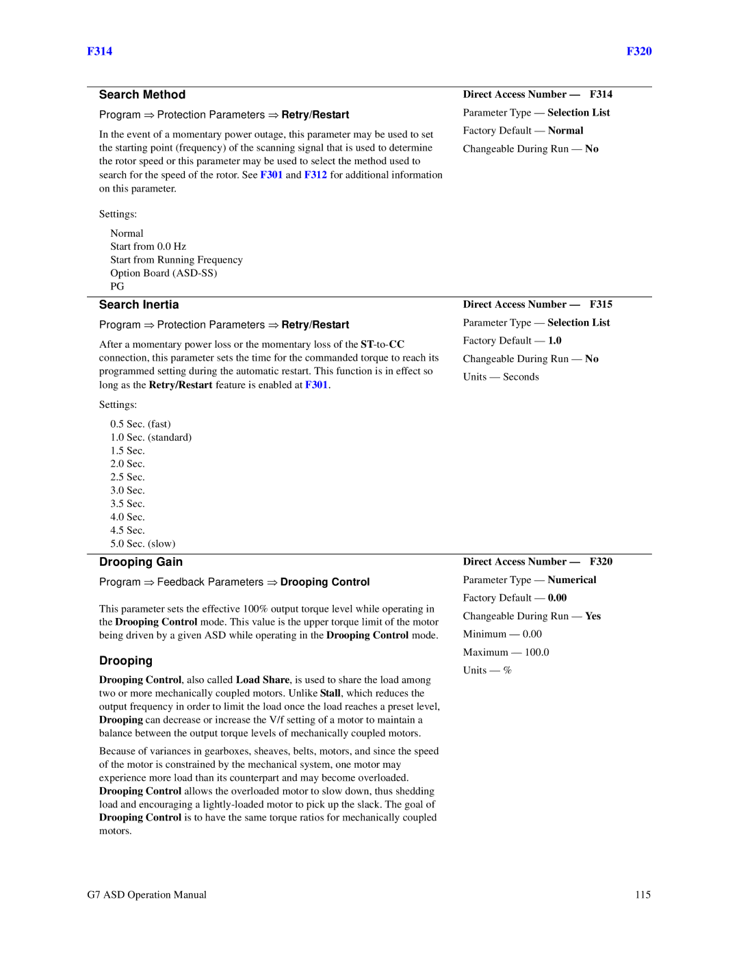 Toshiba G7 manual Search Method, Search Inertia, Drooping Gain 