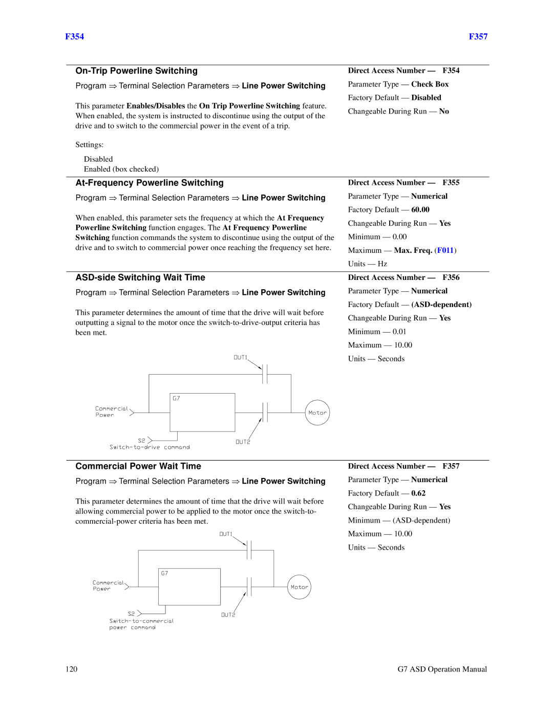 Toshiba G7 manual On-Trip Powerline Switching, At-Frequency Powerline Switching, ASD-side Switching Wait Time 