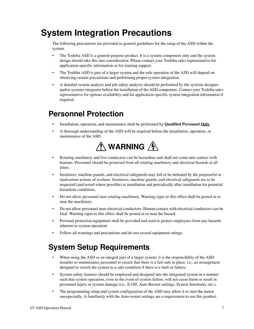 Toshiba G7 manual System Integration Precautions, Personnel Protection, System Setup Requirements 