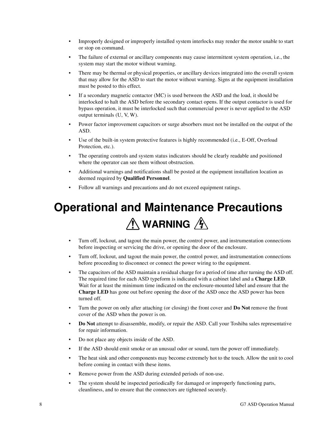 Toshiba G7 manual Operational and Maintenance Precautions 