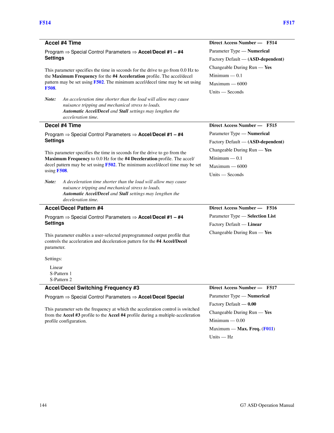 Toshiba G7 manual Accel #4 Time, Decel #4 Time, Accel/Decel Pattern #4, Accel/Decel Switching Frequency #3 