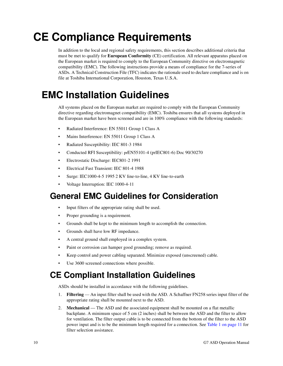 Toshiba G7 manual CE Compliance Requirements, EMC Installation Guidelines, General EMC Guidelines for Consideration 