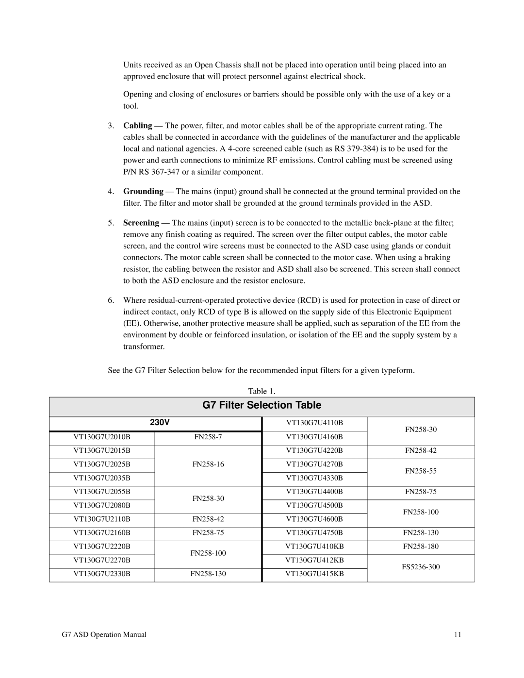 Toshiba manual G7 Filter Selection Table, 230V 