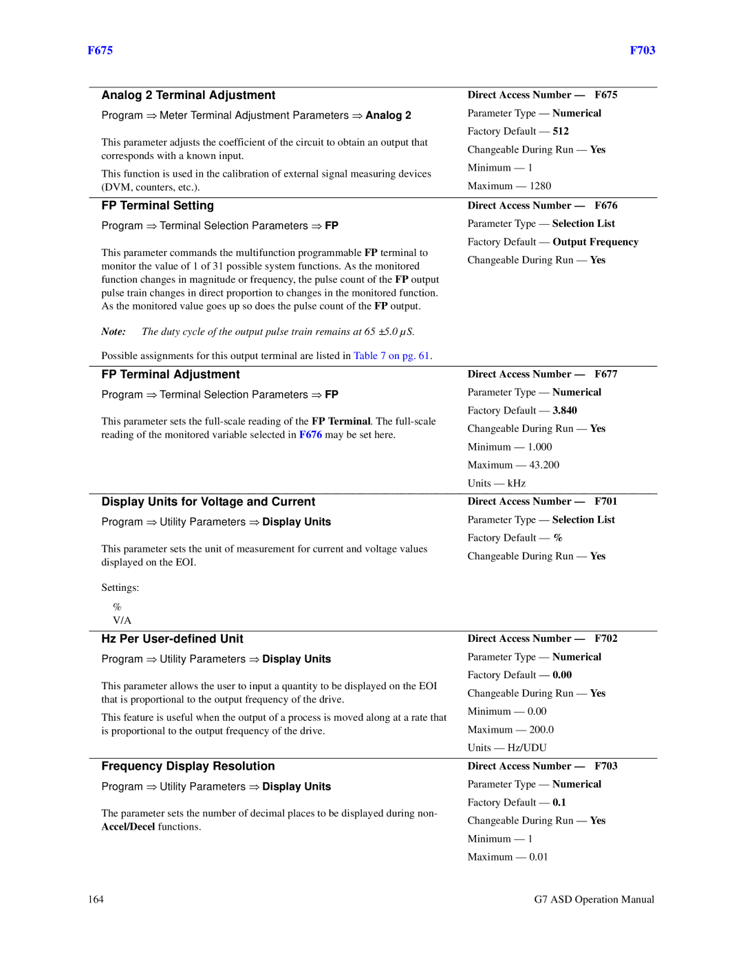 Toshiba G7 manual Analog 2 Terminal Adjustment, FP Terminal Setting, FP Terminal Adjustment, Hz Per User-defined Unit 