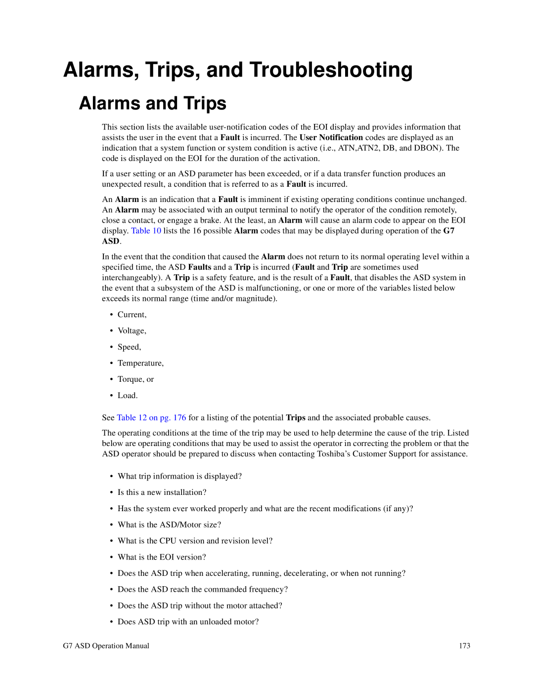 Toshiba G7 manual Alarms, Trips, and Troubleshooting, Alarms and Trips 