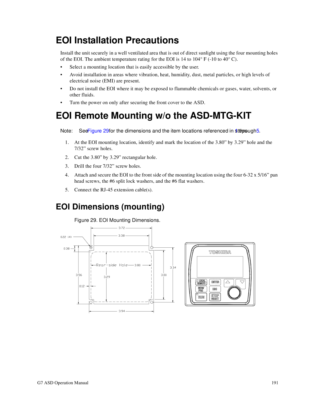 Toshiba G7 manual EOI Installation Precautions, EOI Remote Mounting w/o the ASD-MTG-KIT 