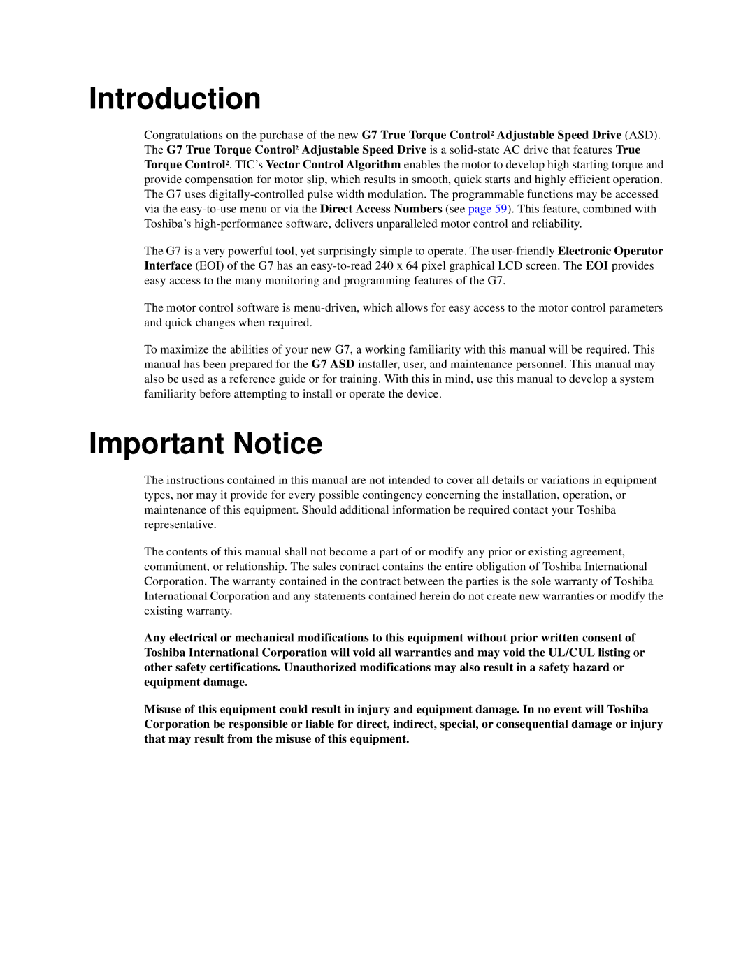 Toshiba G7 manual Introduction, Important Notice 