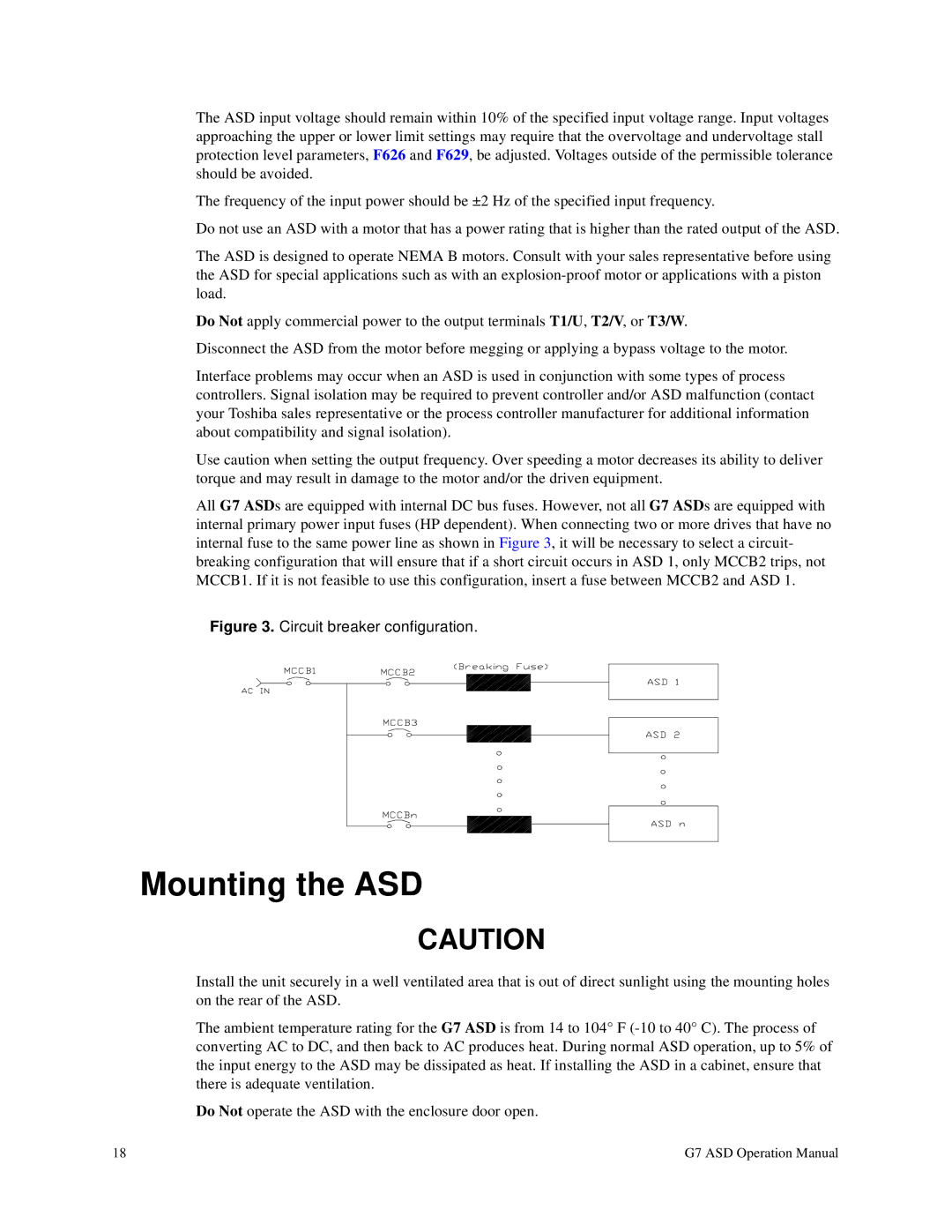 Toshiba G7 manual Mounting the ASD, Circuit breaker configuration 