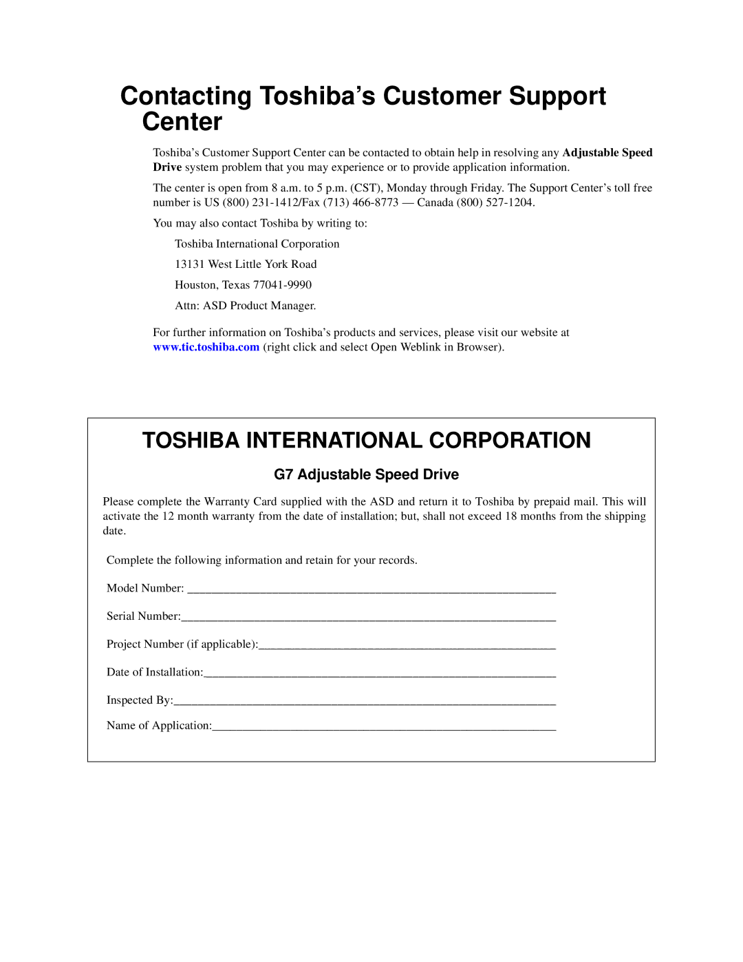 Toshiba G7 manual Contacting Toshiba’s Customer Support Center, Toshiba International Corporation 