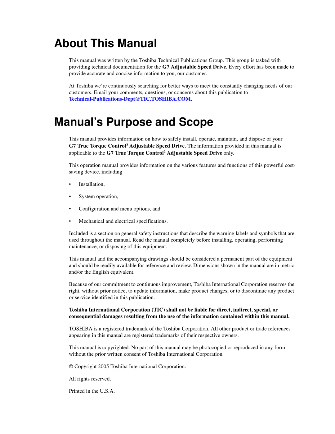 Toshiba G7 manual About This Manual, Manual’s Purpose and Scope 