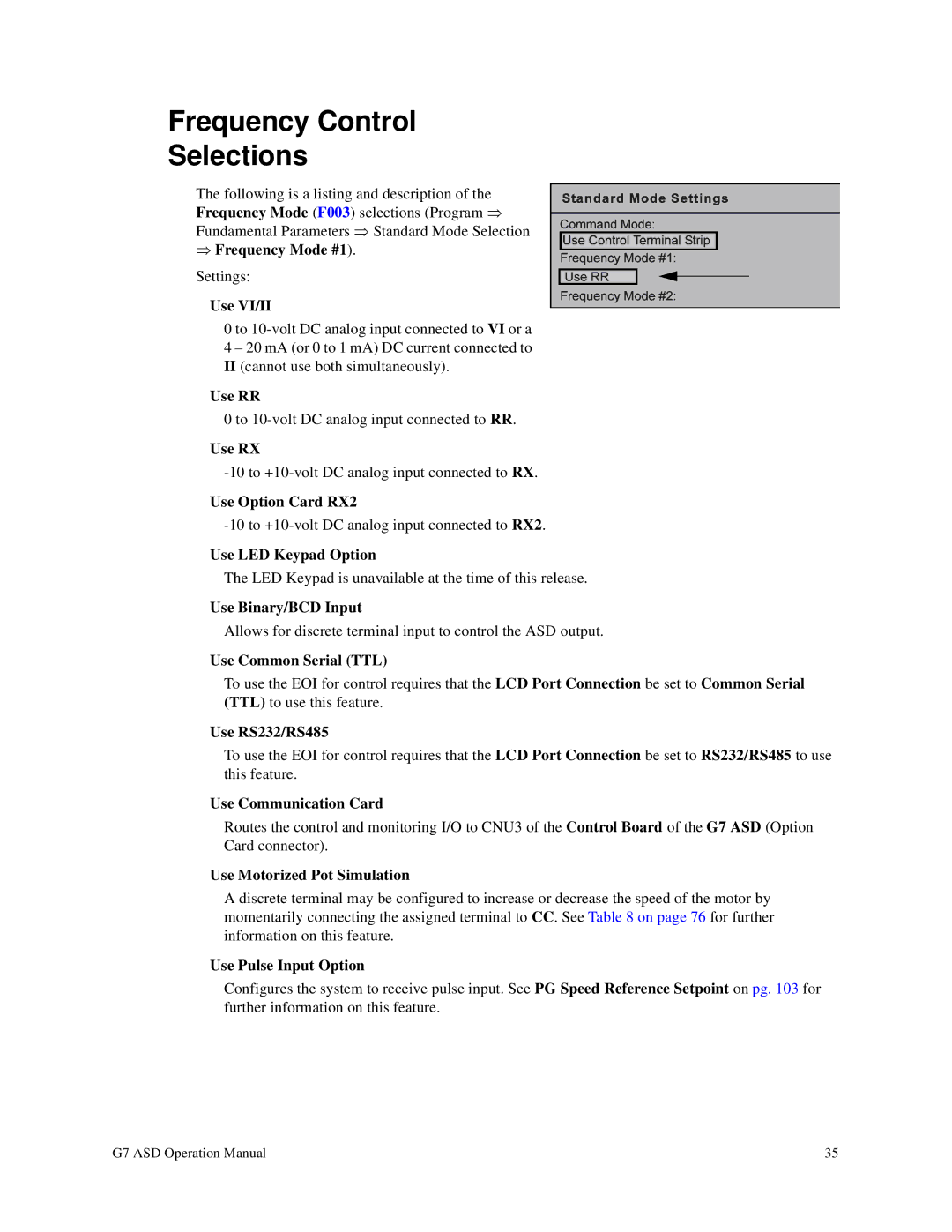 Toshiba G7 manual Frequency Control Selections, Use VI/II 