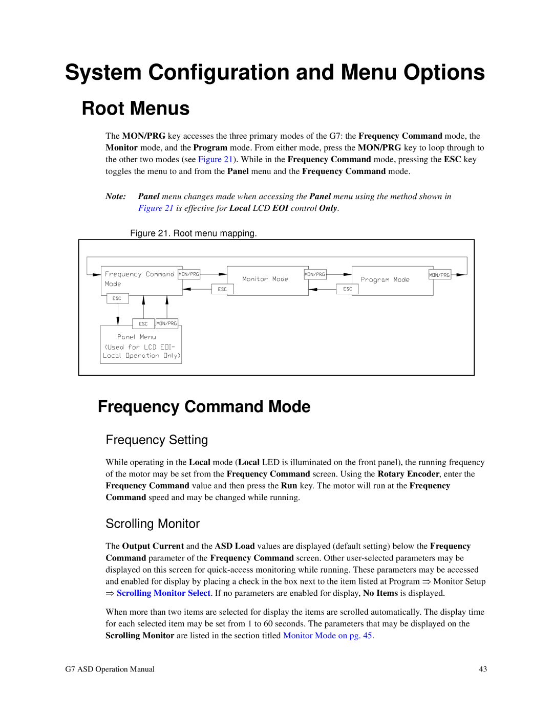 Toshiba G7 manual System Configuration and Menu Options, Root Menus, Frequency Command Mode 