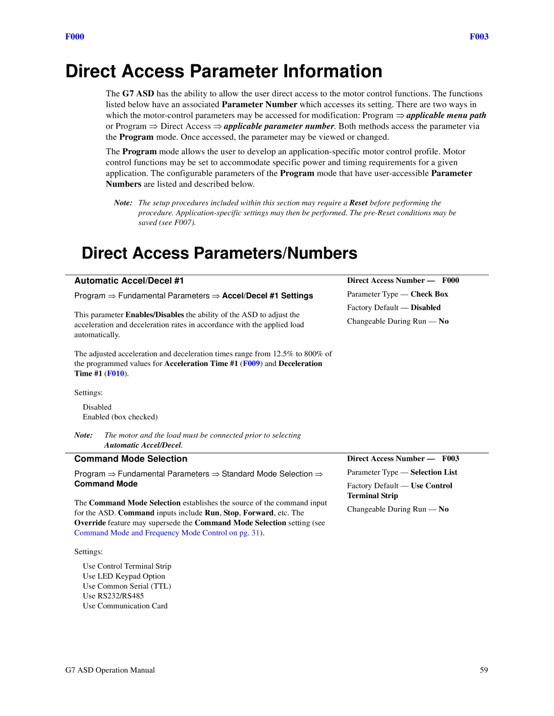 Toshiba G7 manual Direct Access Parameters/Numbers, Automatic Accel/Decel #1, Command Mode Selection 