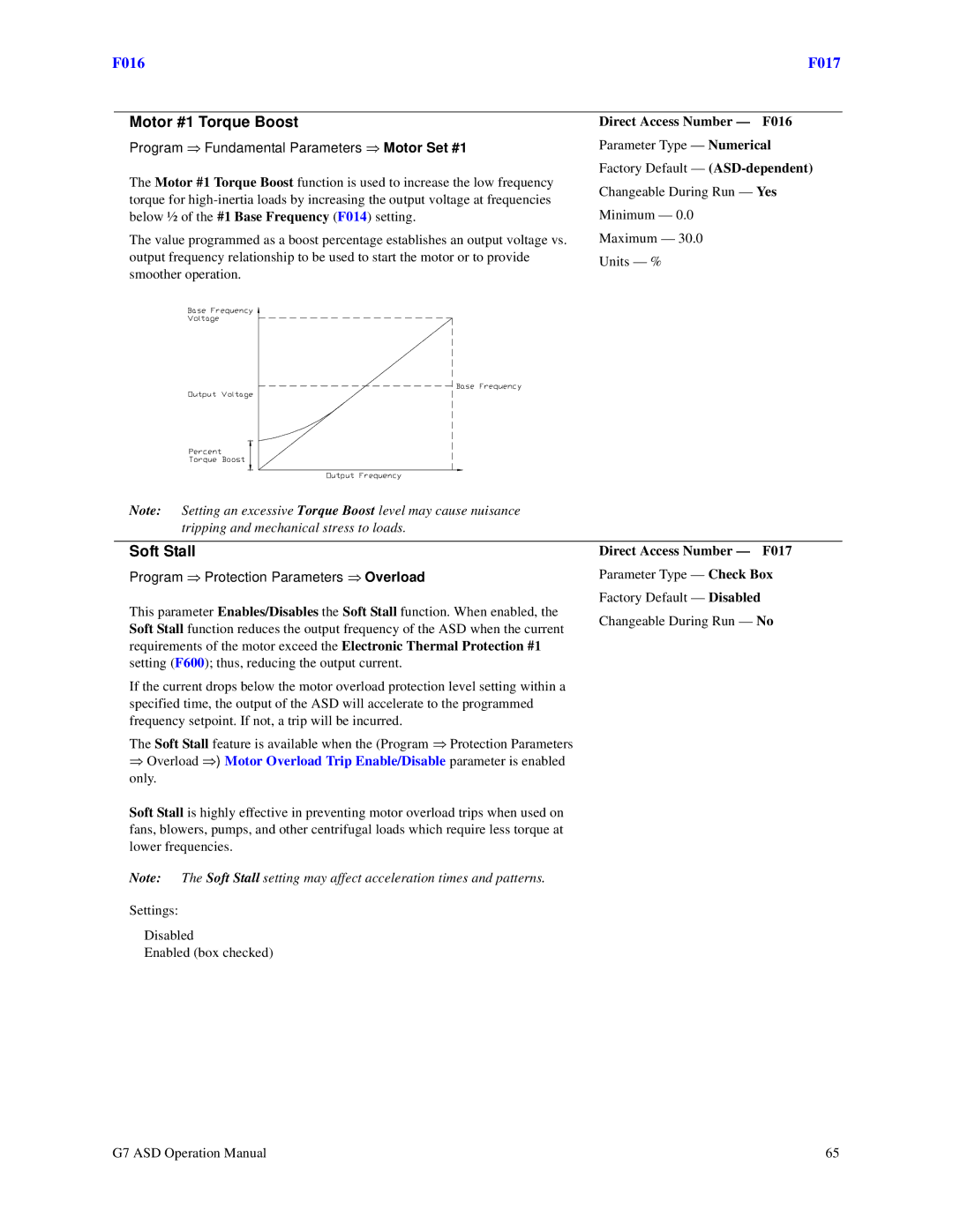 Toshiba G7 manual Motor #1 Torque Boost, Soft Stall, Direct Access Number F016, Program ⇒ Protection Parameters ⇒ Overload 