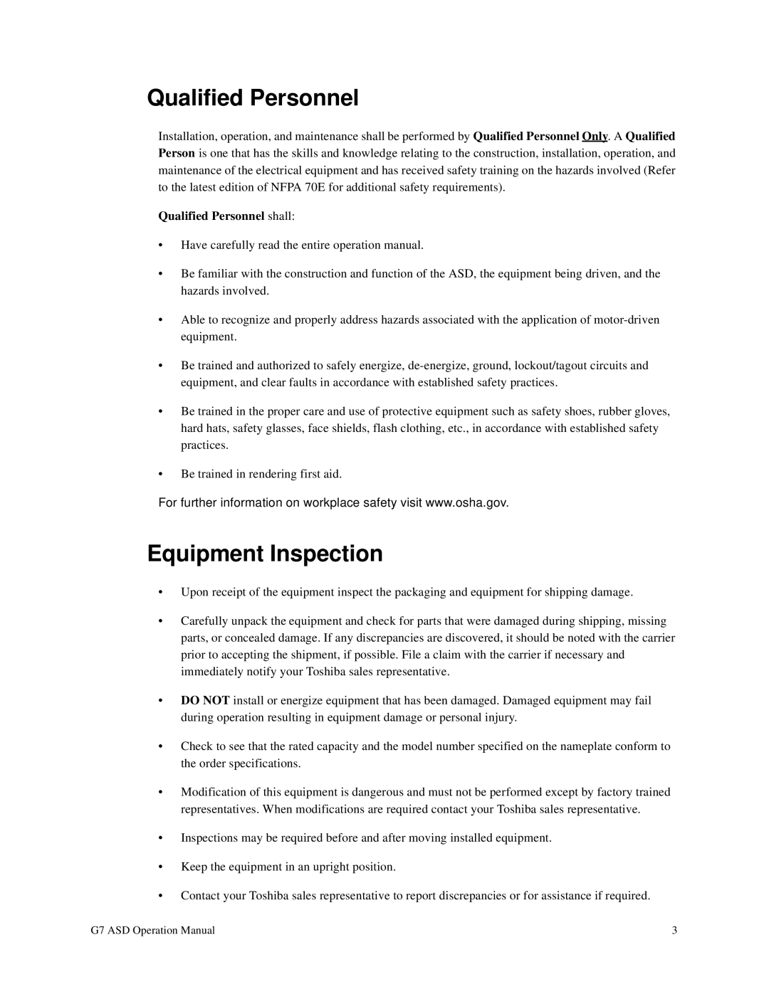 Toshiba G7 manual Qualified Personnel, Equipment Inspection 