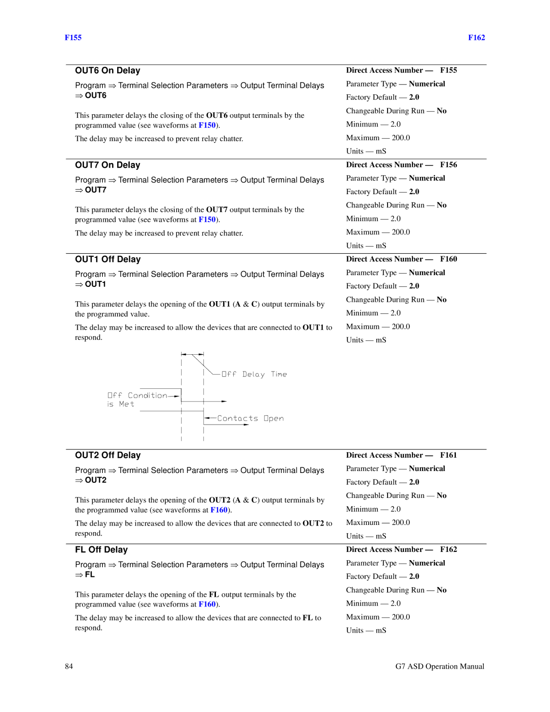 Toshiba G7 manual OUT6 On Delay, OUT7 On Delay, OUT1 Off Delay, OUT2 Off Delay, FL Off Delay 