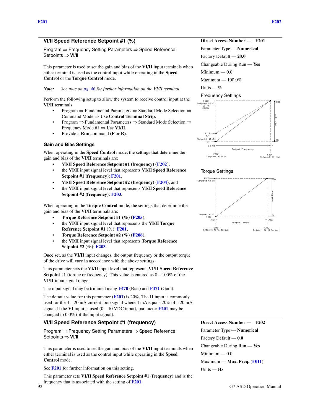 Toshiba G7 manual VI/II Speed Reference Setpoint #1 %, VI/II Speed Reference Setpoint #1 frequency, Gain and Bias Settings 