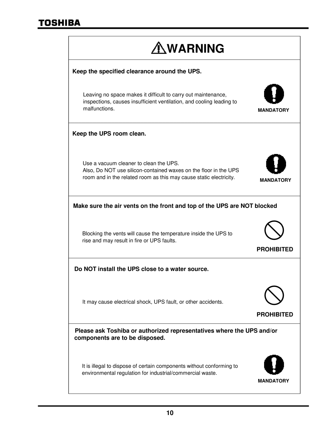 Toshiba G8000 Series installation manual Keep the specified clearance around the UPS, Keep the UPS room clean 