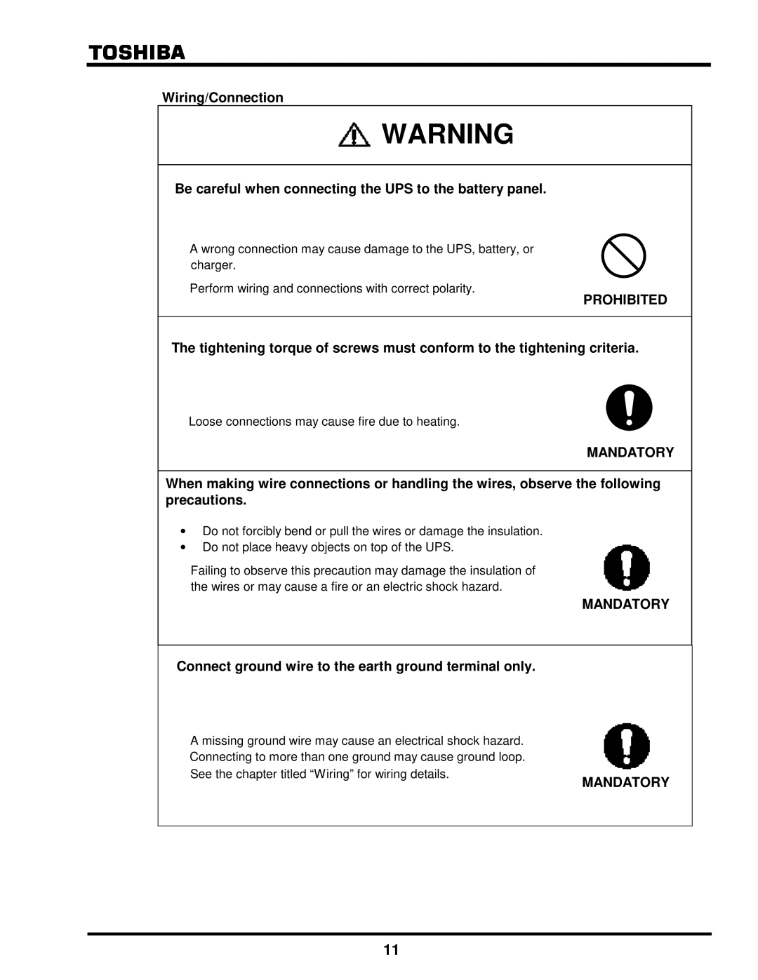 Toshiba G8000 Series installation manual Mandatory, Connect ground wire to the earth ground terminal only 