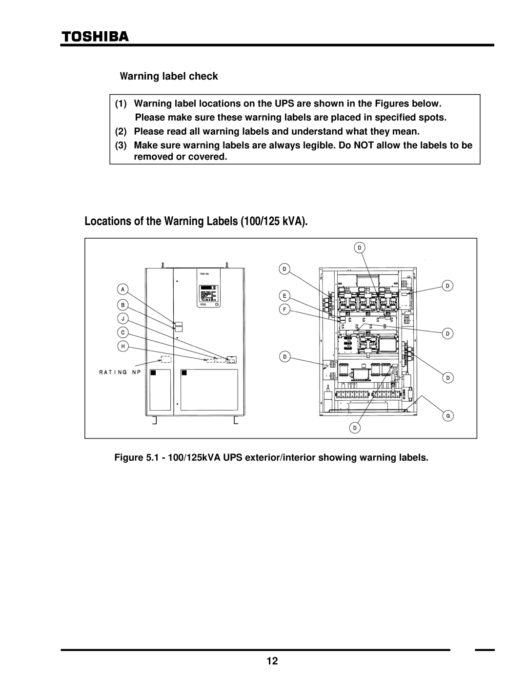 Toshiba G8000 Series installation manual Locations of the Warning Labels 100/125 kVA 