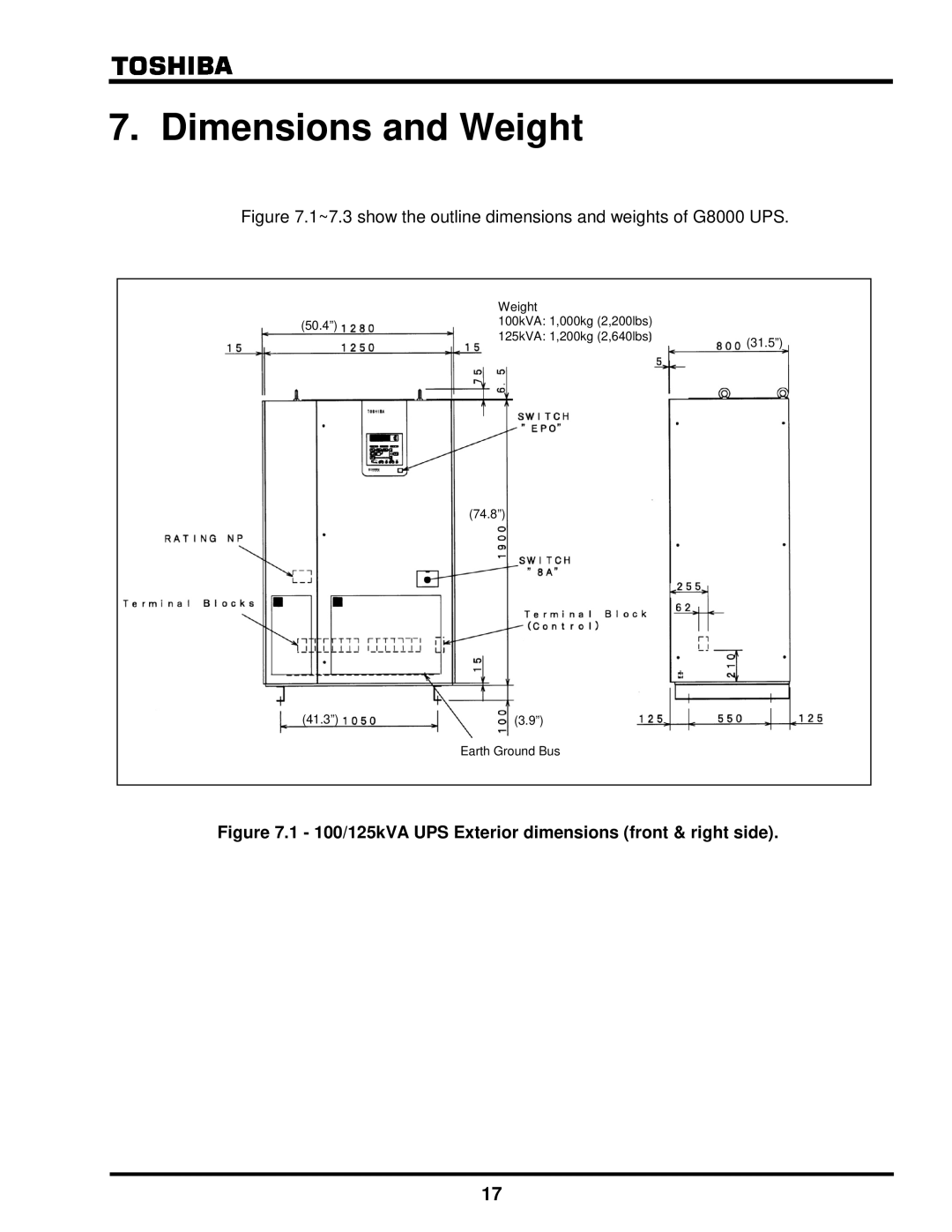 Toshiba G8000 Series installation manual Dimensions and Weight, 100/125kVA UPS Exterior dimensions front & right side 