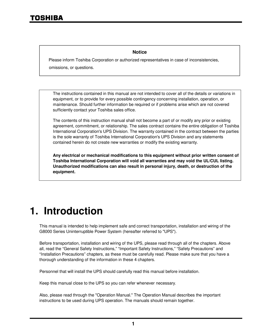 Toshiba G8000 Series installation manual Introduction 