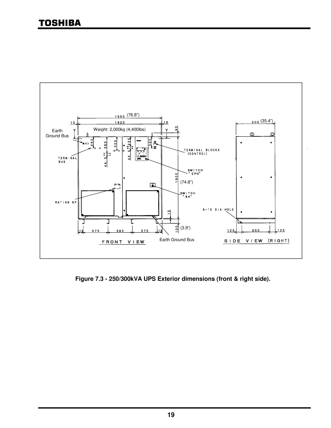 Toshiba G8000 Series installation manual 250/300kVA UPS Exterior dimensions front & right side 