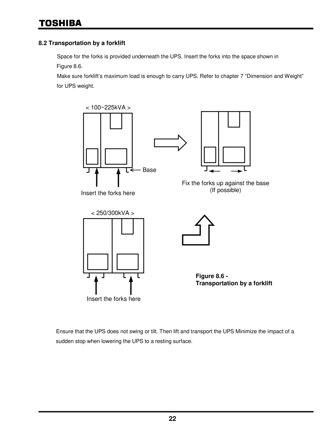 Toshiba G8000 Series installation manual Transportation by a forklift 