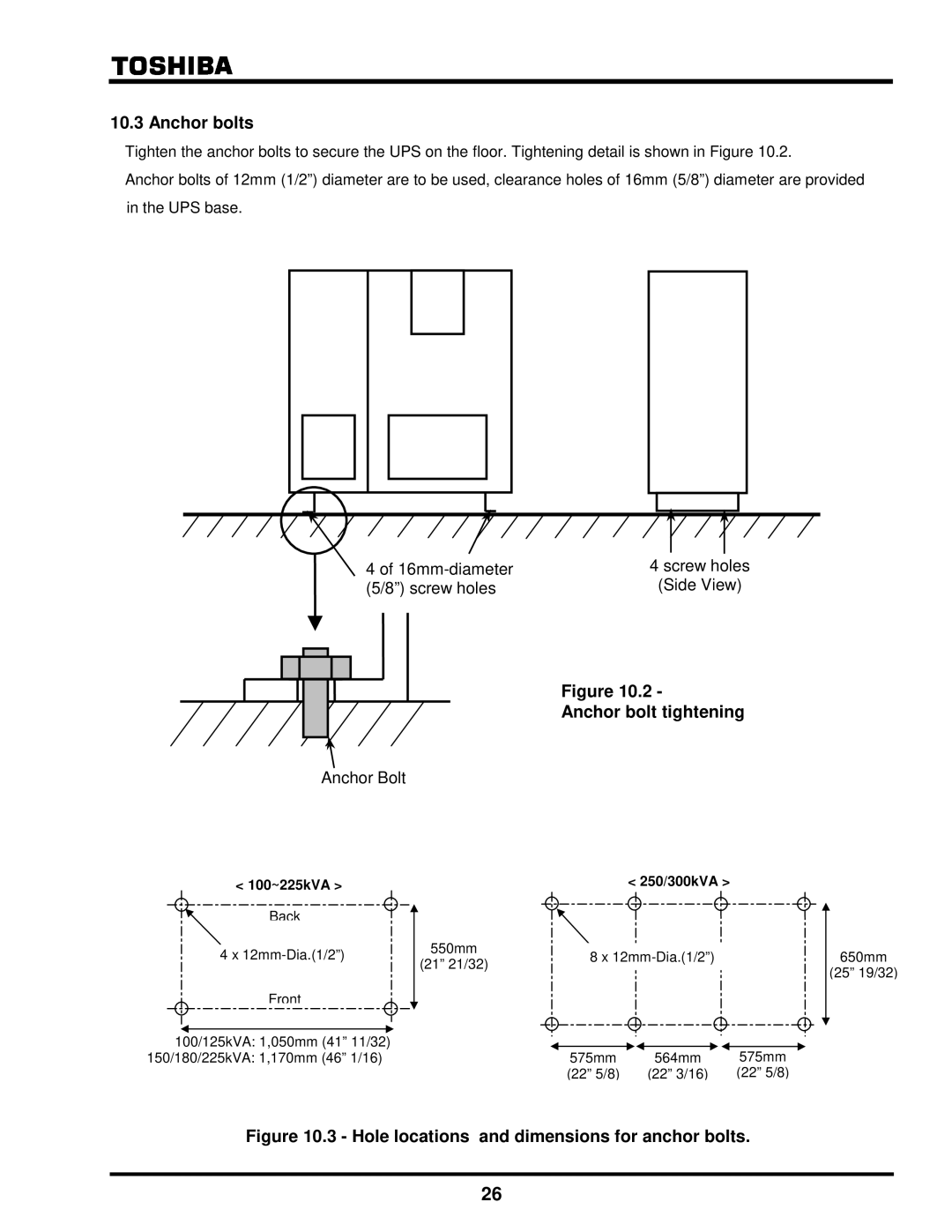 Toshiba G8000 Series installation manual Anchor bolts, Anchor bolt tightening 