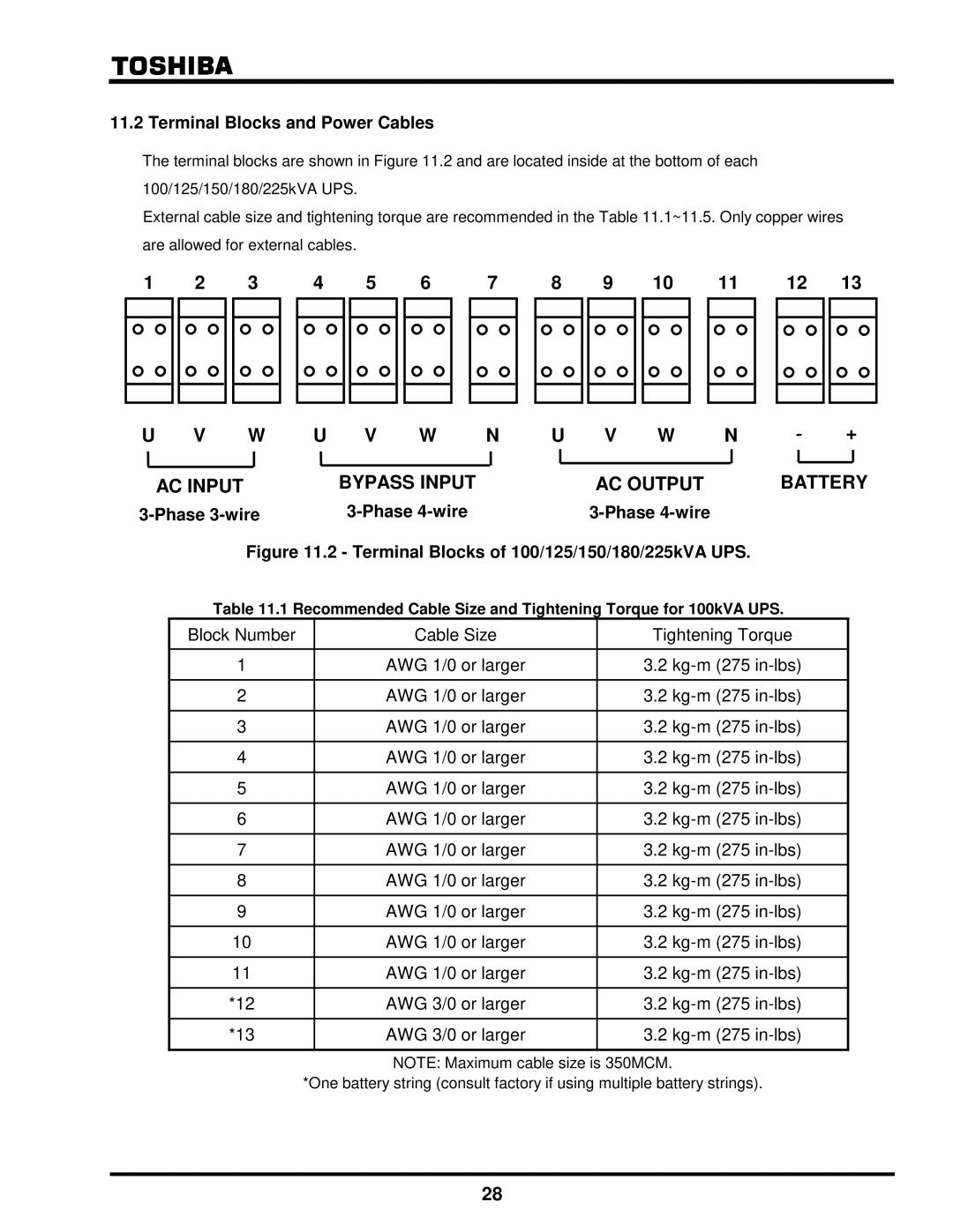 Toshiba G8000 Series installation manual Terminal Blocks and Power Cables, Phase 3-wire Phase 4-wire 