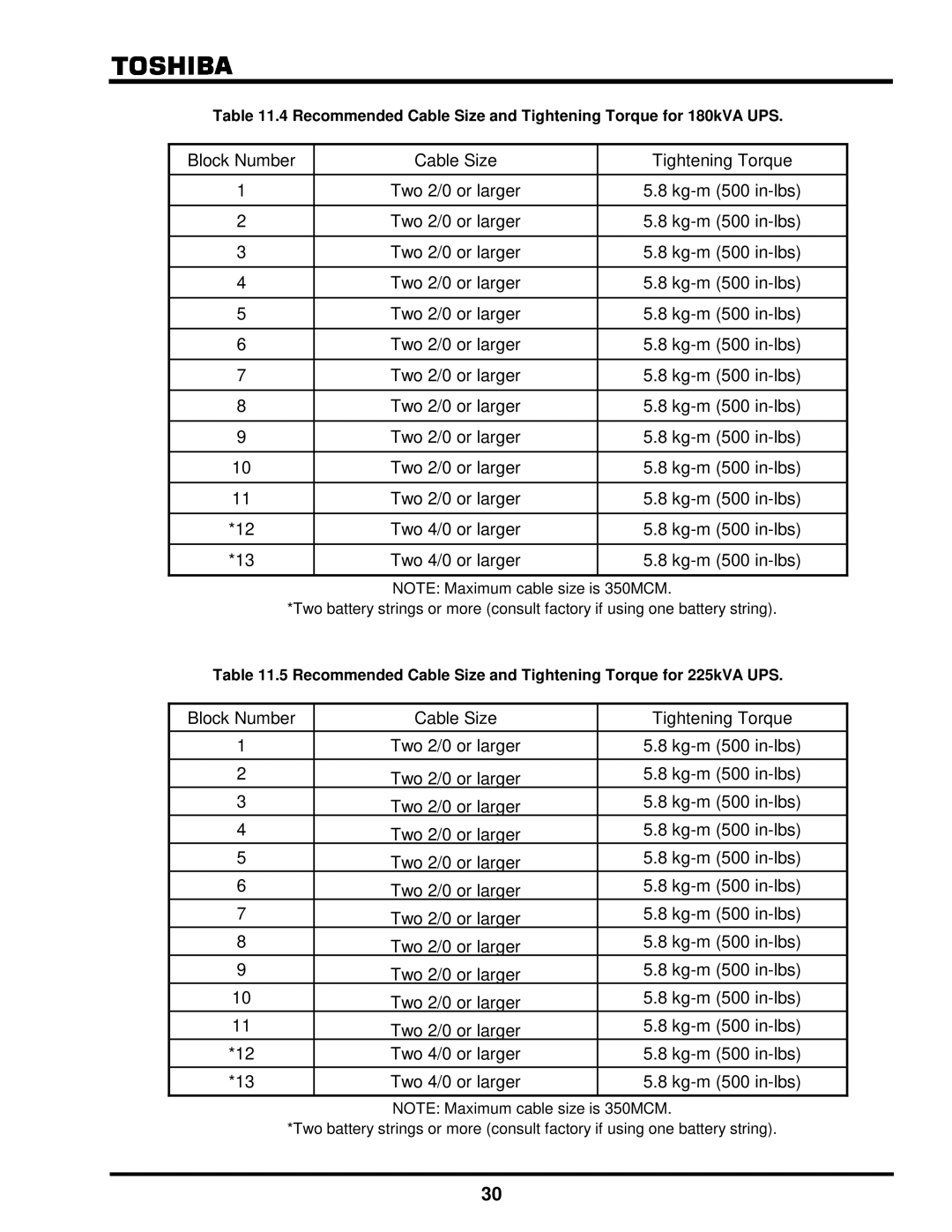 Toshiba G8000 Series installation manual Recommended Cable Size and Tightening Torque for 180kVA UPS 