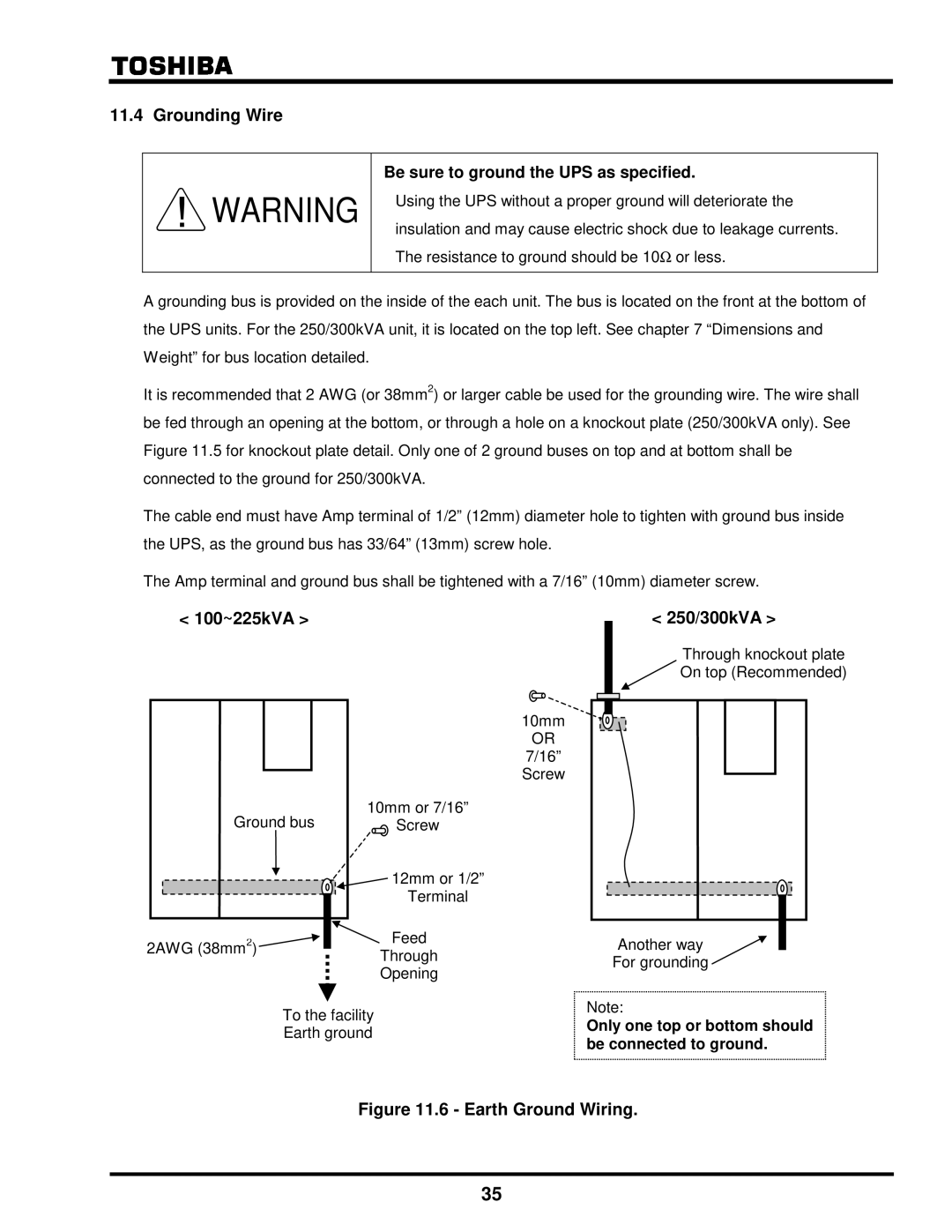 Toshiba G8000 Series installation manual Grounding Wire, 100~225kVA 250/300kVA 