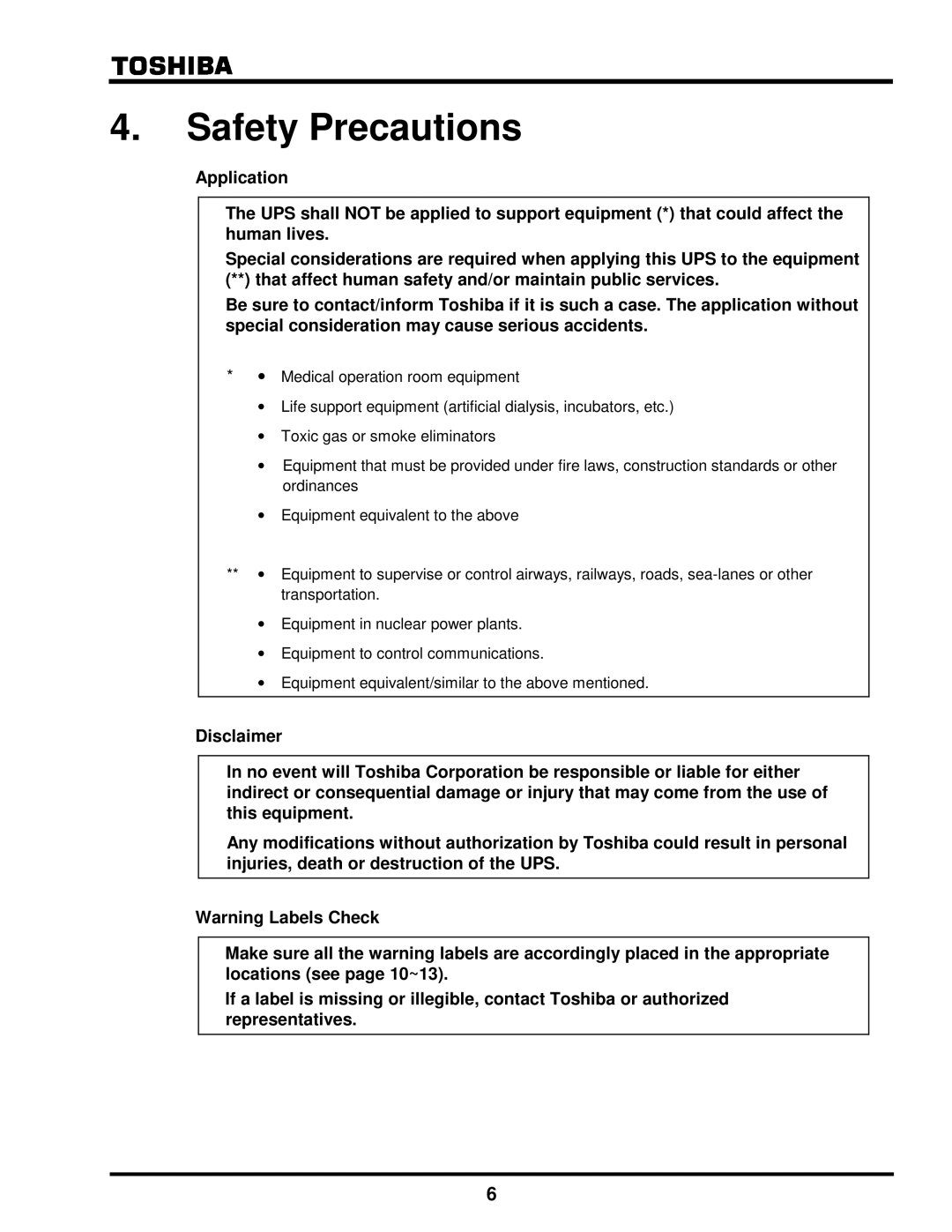 Toshiba G8000 Series installation manual Safety Precautions 