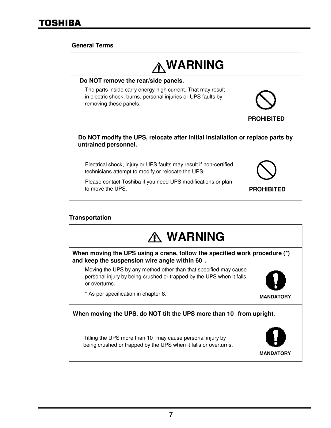 Toshiba G8000 Series installation manual General Terms Do not remove the rear/side panels, Prohibited 