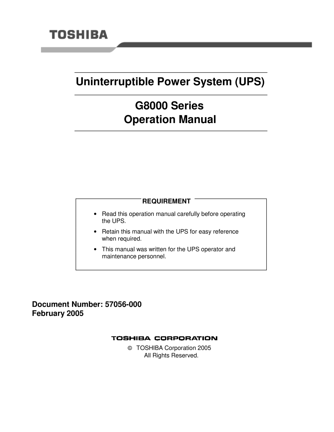 Toshiba operation manual Uninterruptible Power System UPS G8000 Series, Document Number February 