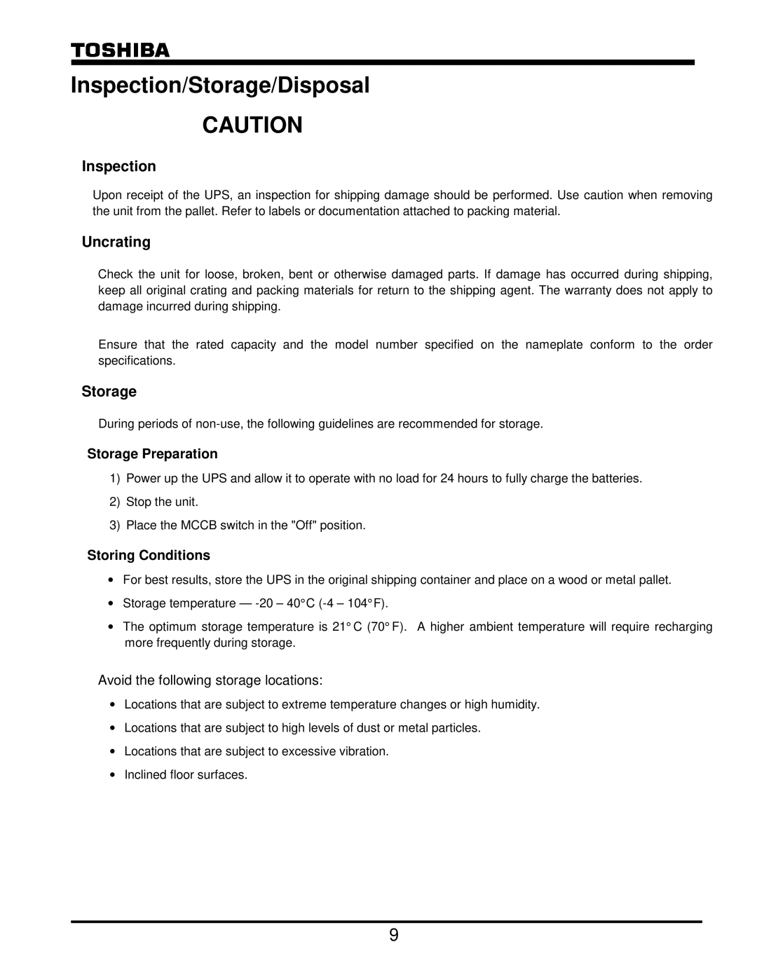 Toshiba G8000 Series operation manual Storage Preparation, Storing Conditions 