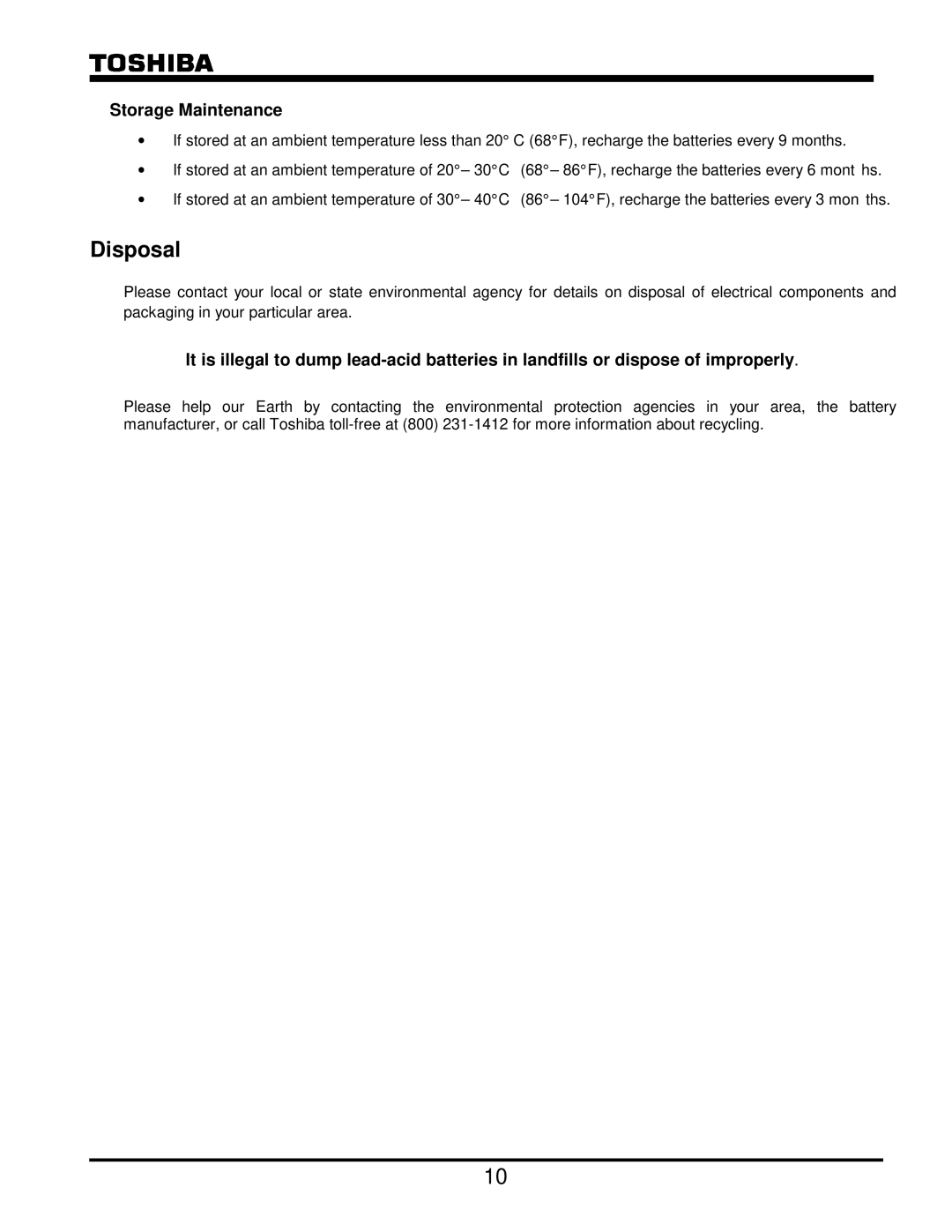 Toshiba G8000 Series operation manual Disposal, Storage Maintenance 