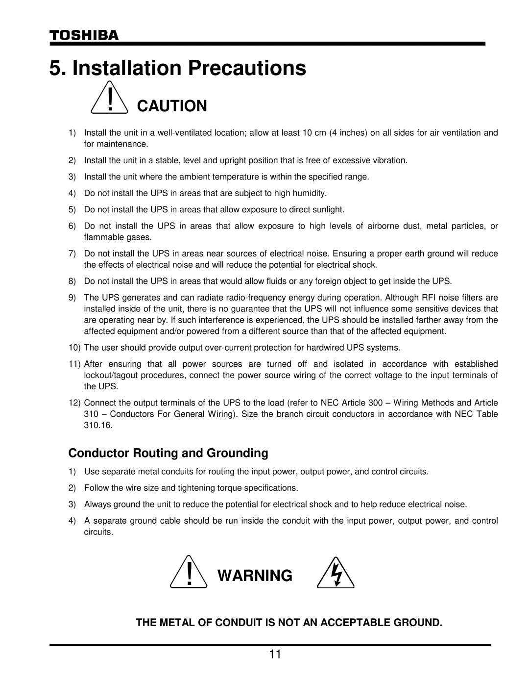 Toshiba G8000 Series operation manual Installation Precautions, Conductor Routing and Grounding 