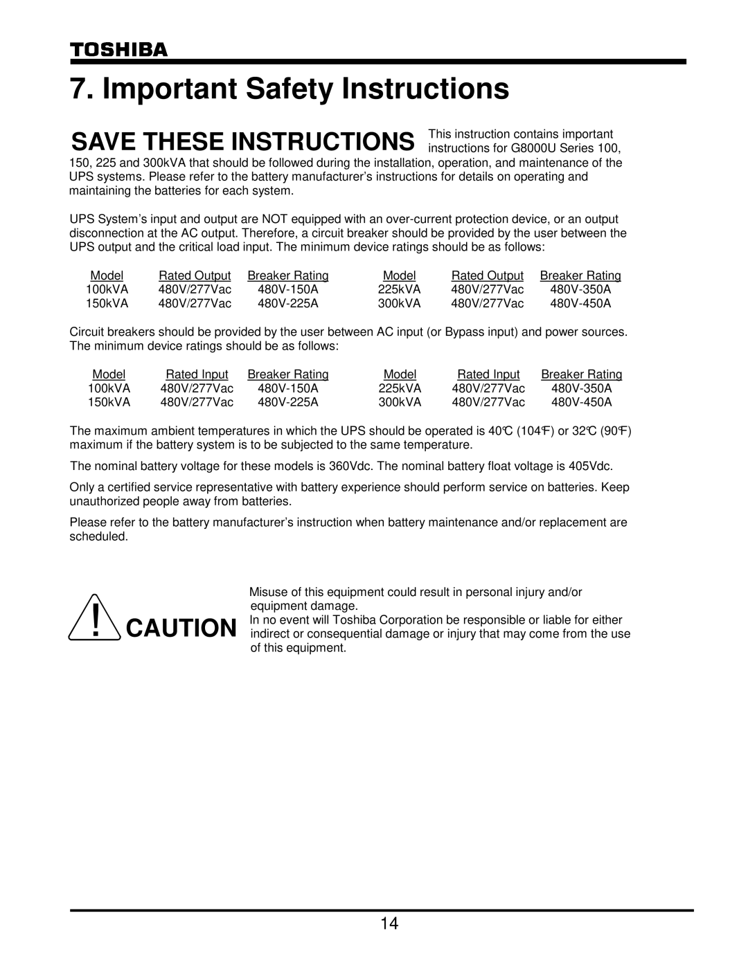 Toshiba G8000 Series operation manual Important Safety Instructions 