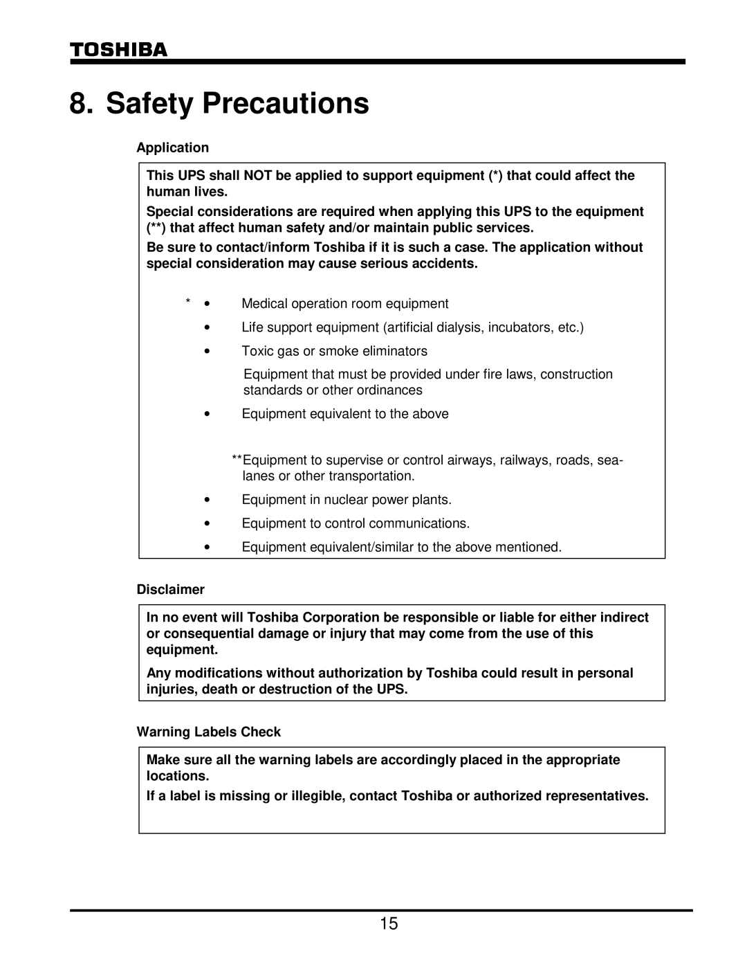 Toshiba G8000 Series operation manual Safety Precautions 