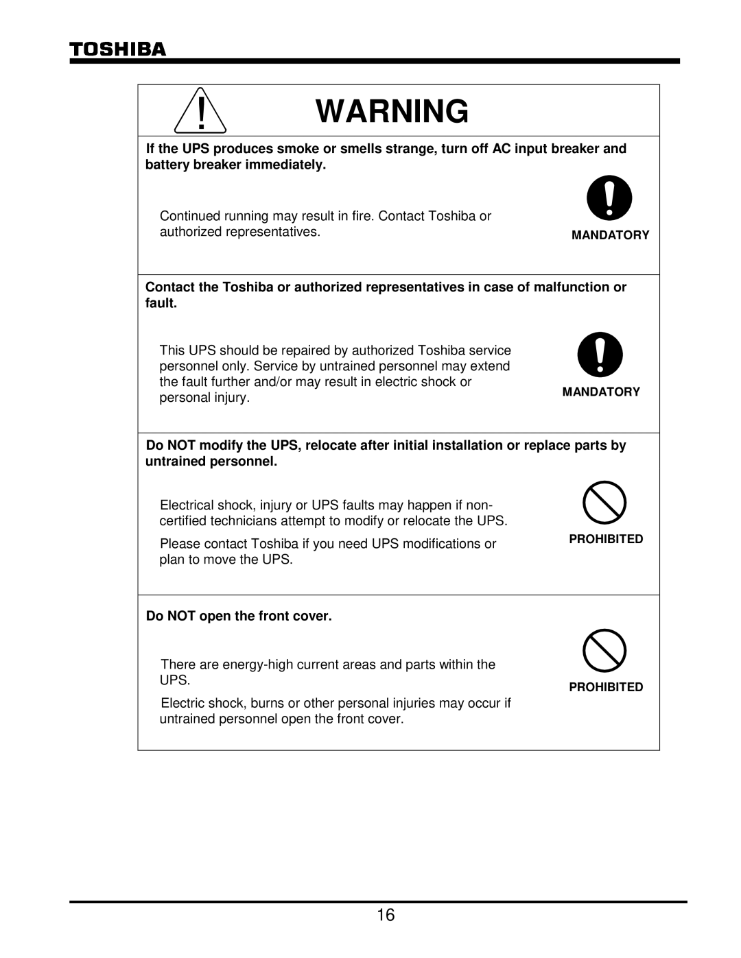 Toshiba G8000 Series operation manual Personal injury, Do not open the front cover 